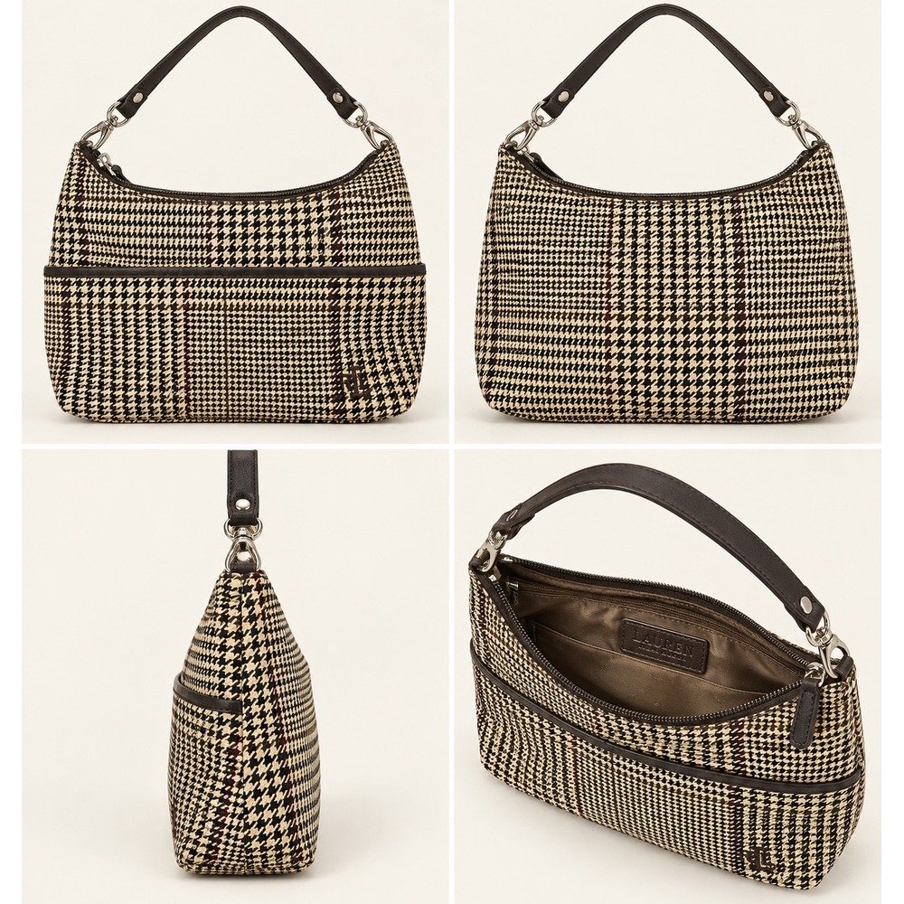 Lauren Ralph Lauren Y2K Houndstooth Hobo Shoulder Bag Tan Black Burgundy
